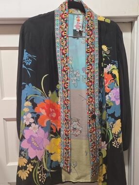Johnny Was Black Floral Embroidered Kimono Cardigan with Multicolor Blooms